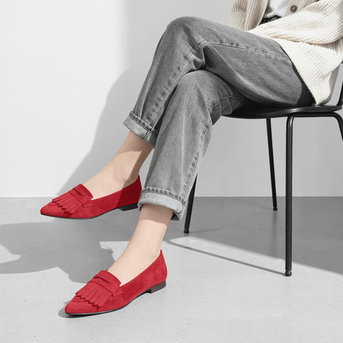 2025AW：ポインテッドトゥ フリンジ ローファー（m17058）レッドS/mamian（マミアン）